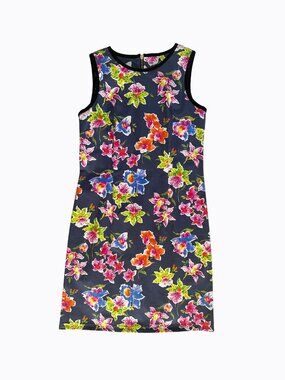 Sara Campbell Floral Shift Dress 8 Navy Blue Pink Pique Cotton Made USA Preppy